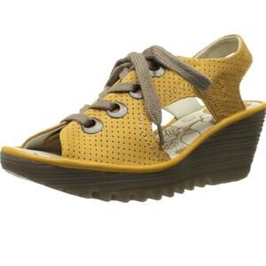 Fly London Ylva Platform Wedge Sandals Leather Yellow chunky heel comfy 40 9/9.5